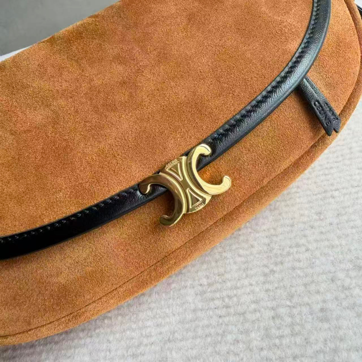 Celine 2026 Little Halfmoon Soft Triomphe Camel With Black Suede Calfskin