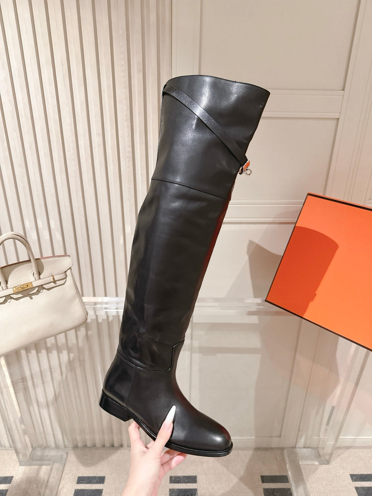 Hermes 2026 Over The Knee Boot Black Leather With Silver Buckle