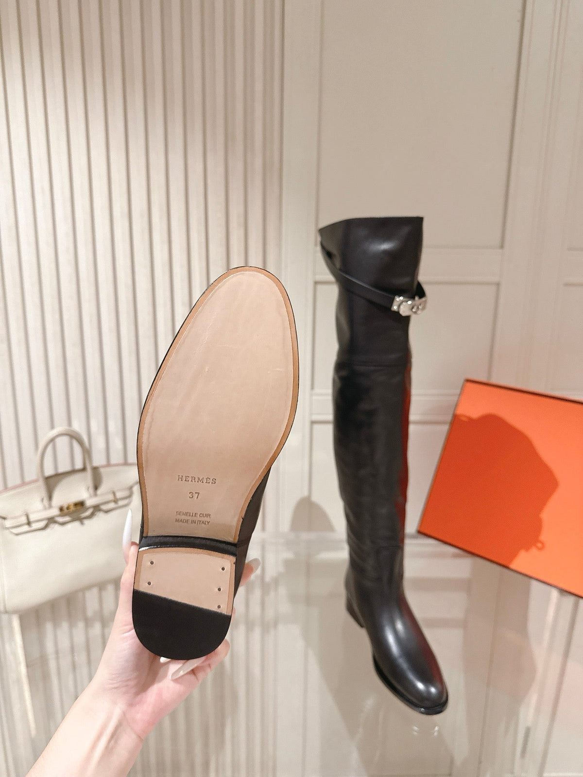 Hermes 2026 Over The Knee Boot Black Leather With Silver Buckle