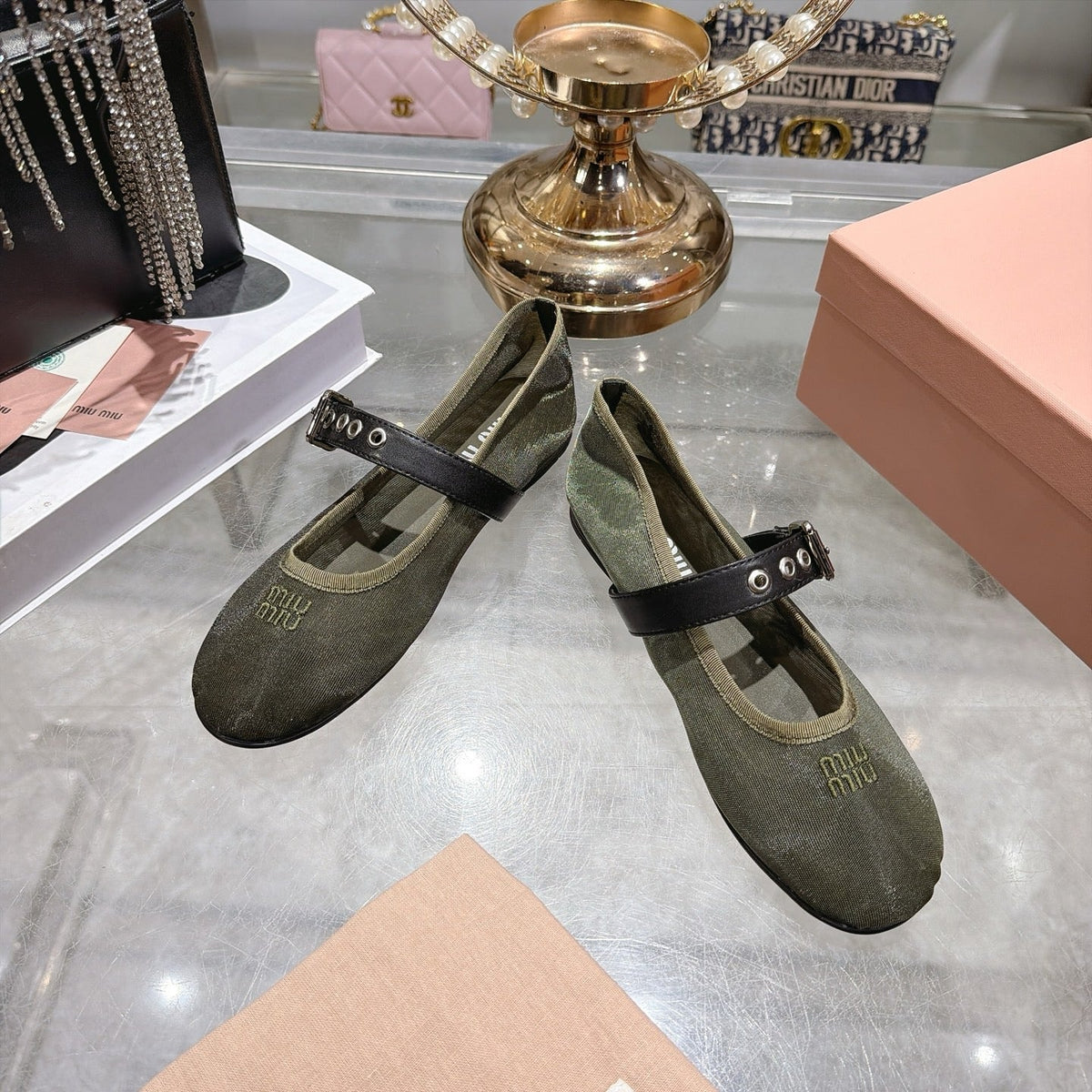 Miu Miu 2026 Buckle Ballet Flat Olive Green Mesh Leather