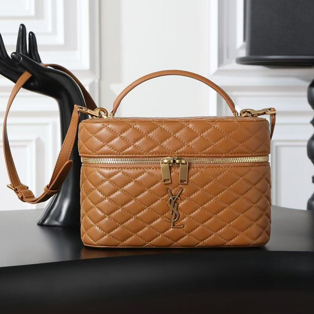 YSL 2026 Gaby Vanity Bag 22.5cm Camel Brown Quilted Lambskin
