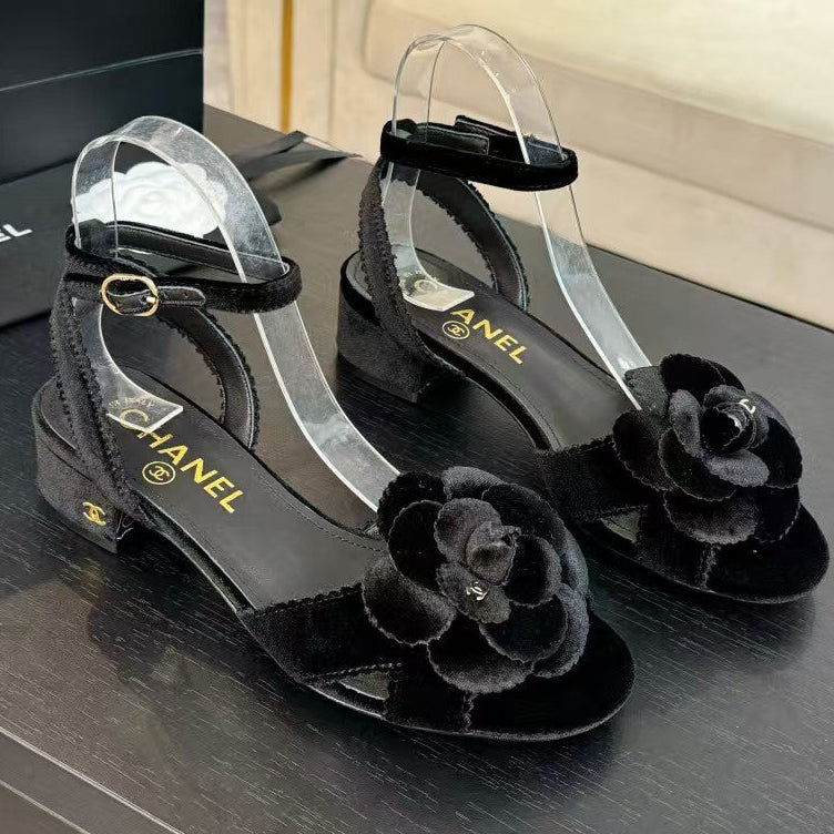 Chanel 2026 Camellia Sandals Black Velvet
