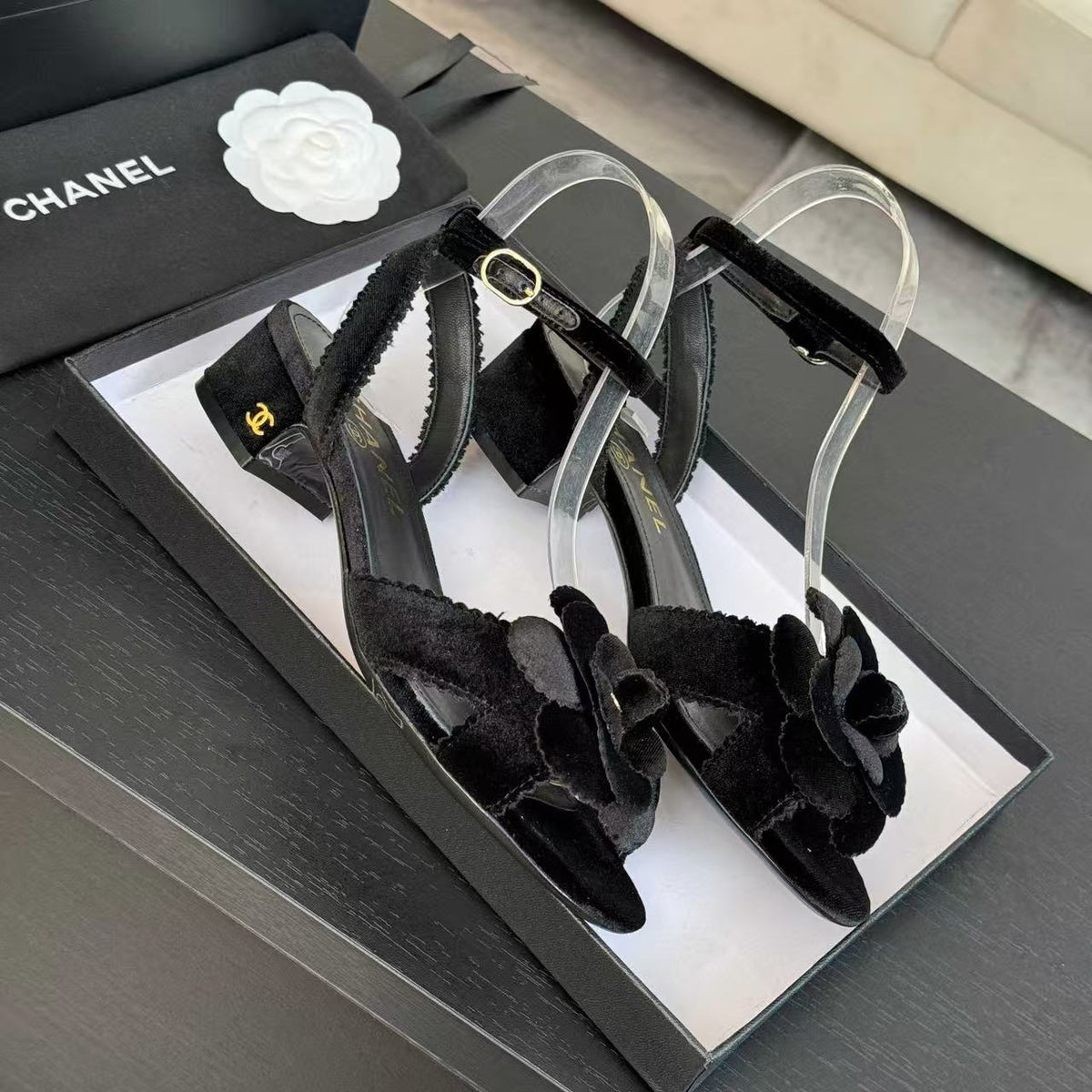 Chanel 2026 Camellia Sandals Black Velvet