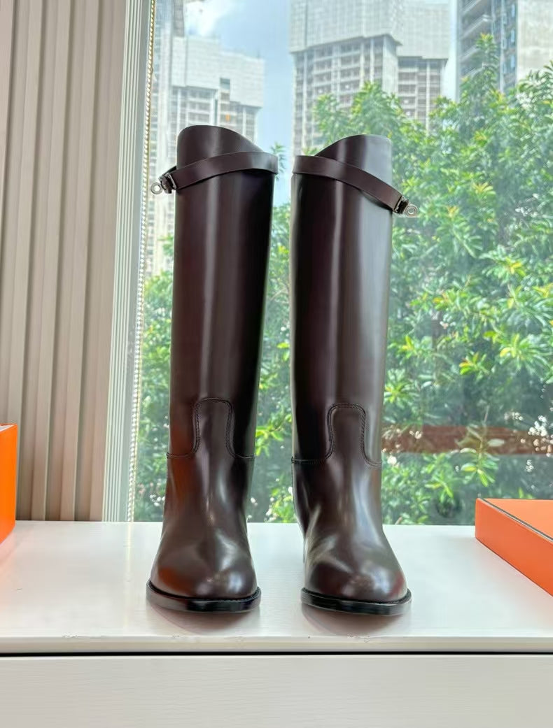 Hermes 2026 Jumping Silver Buckle Boots Dark Brown Leather