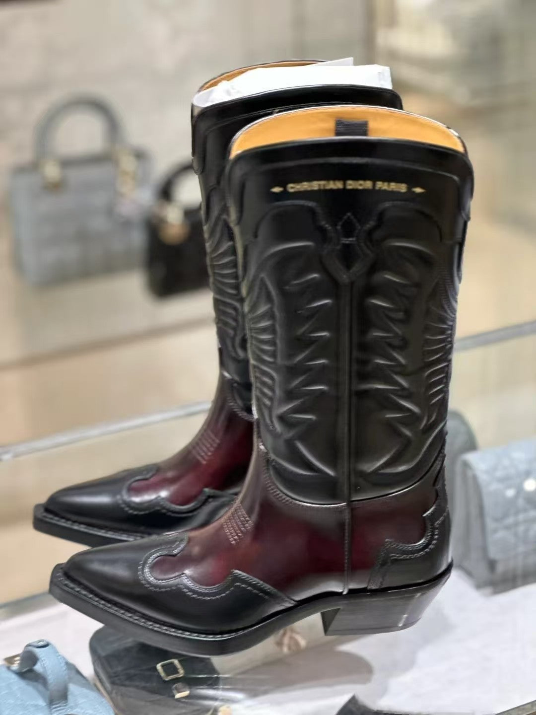 Dior 2026 Cowboy Mid-Calf Boots Burgundy Black Leather