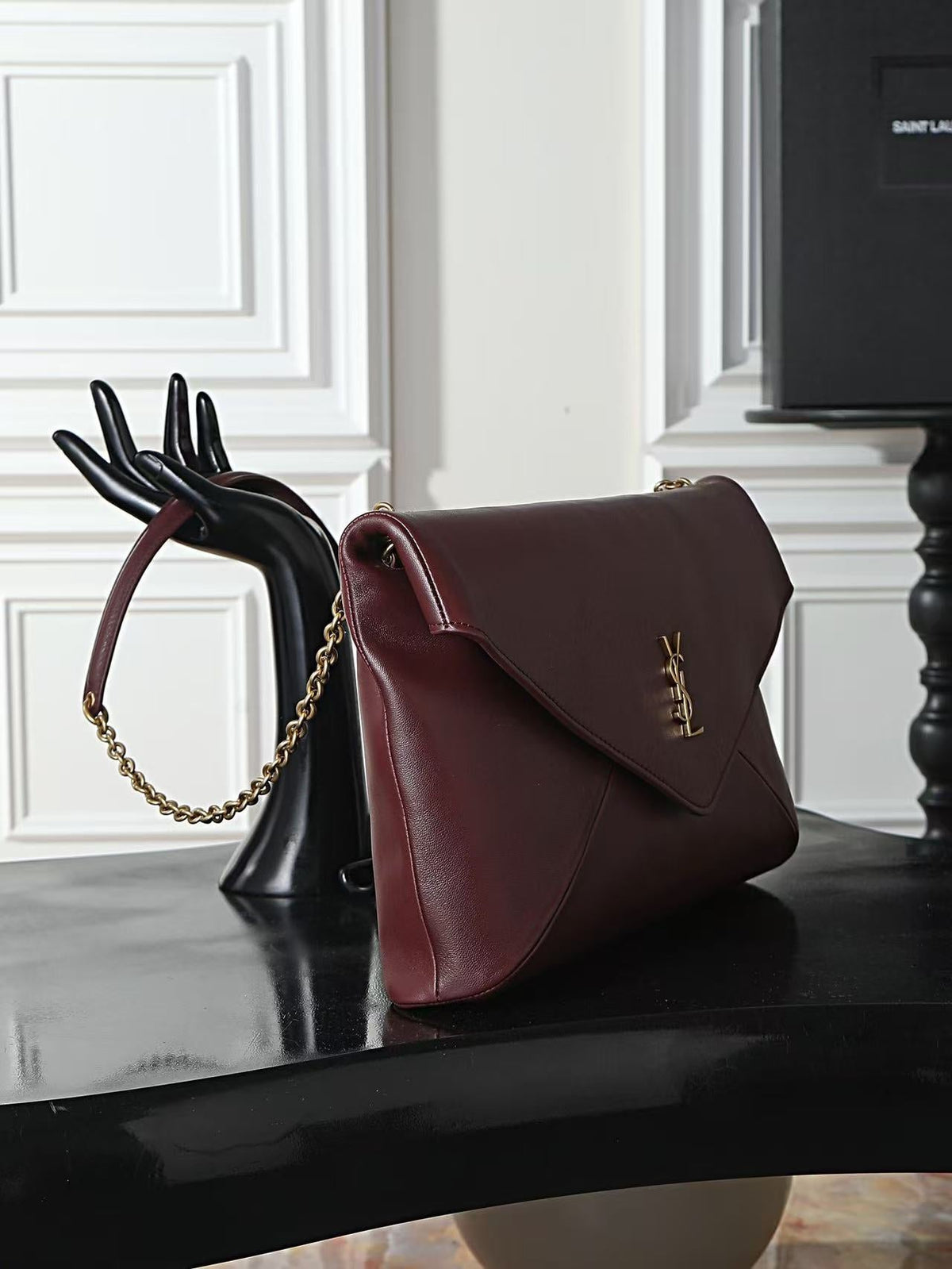 YSL 2026 Cassandre Small Envelope Pouch Bag 29cm Burgundy Leather