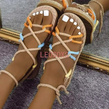 Woven Hemp Rope Sandals - Multi-color Beach Shoes