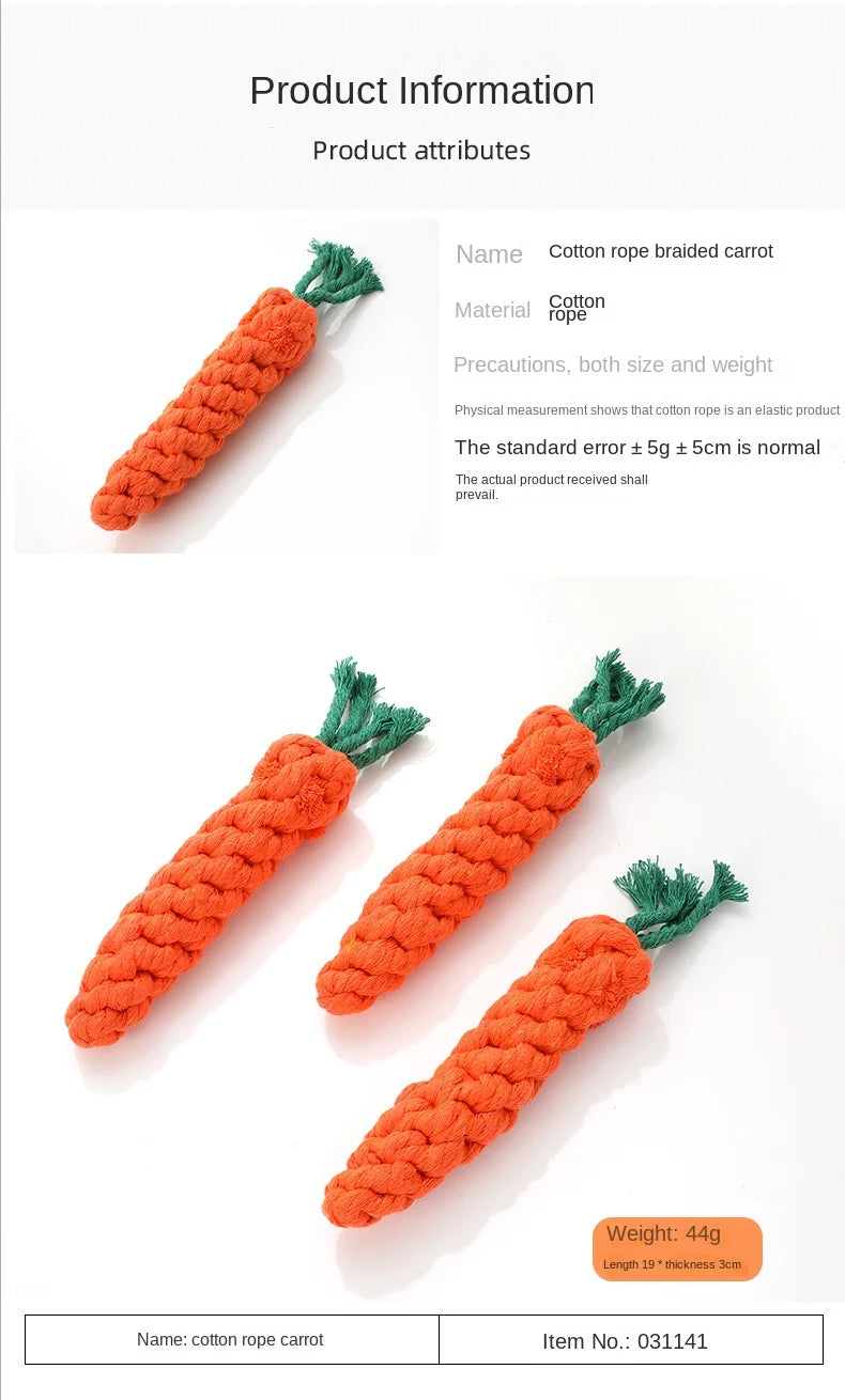 Chew Toy for Small Dogs and Cats - Cleaning Teeth Pet Toys - Cotton Rope Carrot-Shaped Bite Resistant Playing Accessories