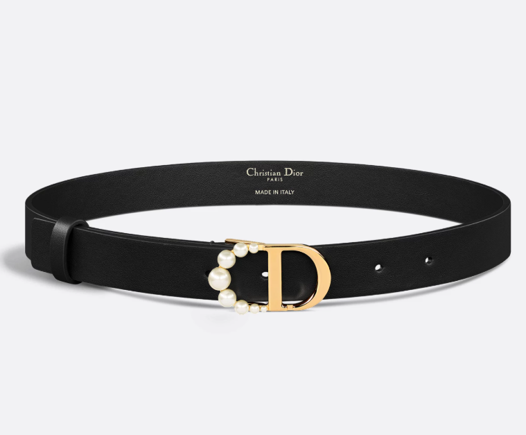 Dior Montaigne Belt Black Smooth Calfskin and White Resin Pearls