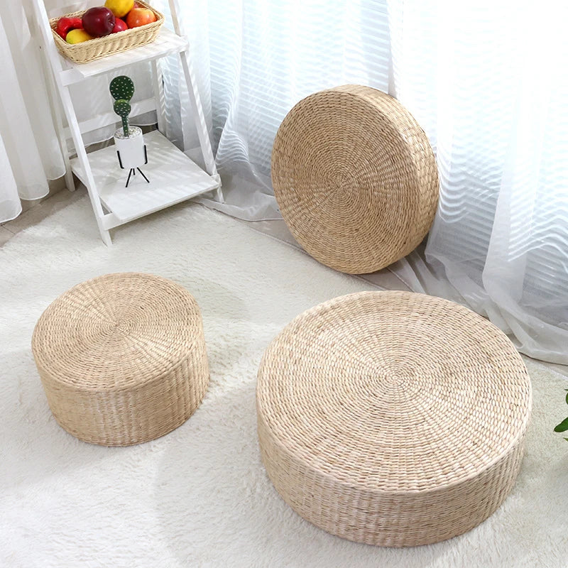 Straw Pouf Seat Mat Meditation Ottoman Home Decor Cushion Buckwheat Floor Seat Cushion Rustic Floor Cushion