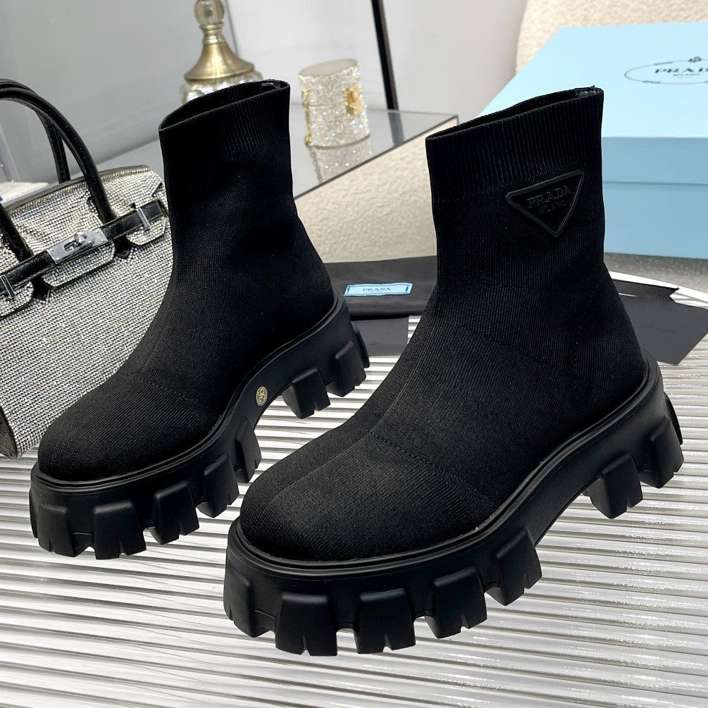 Prada 2026 Monolith Sock Boots 55mm Black Fabric 148340