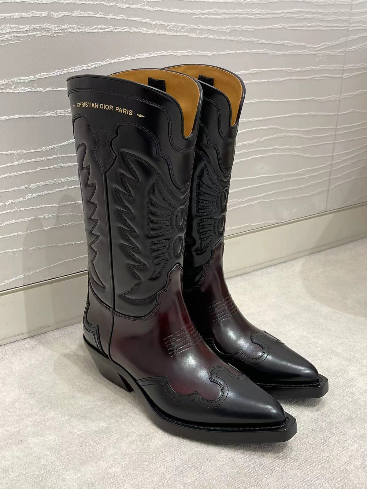 Dior 2026 Cowboy Mid-Calf Boots Burgundy Black Leather