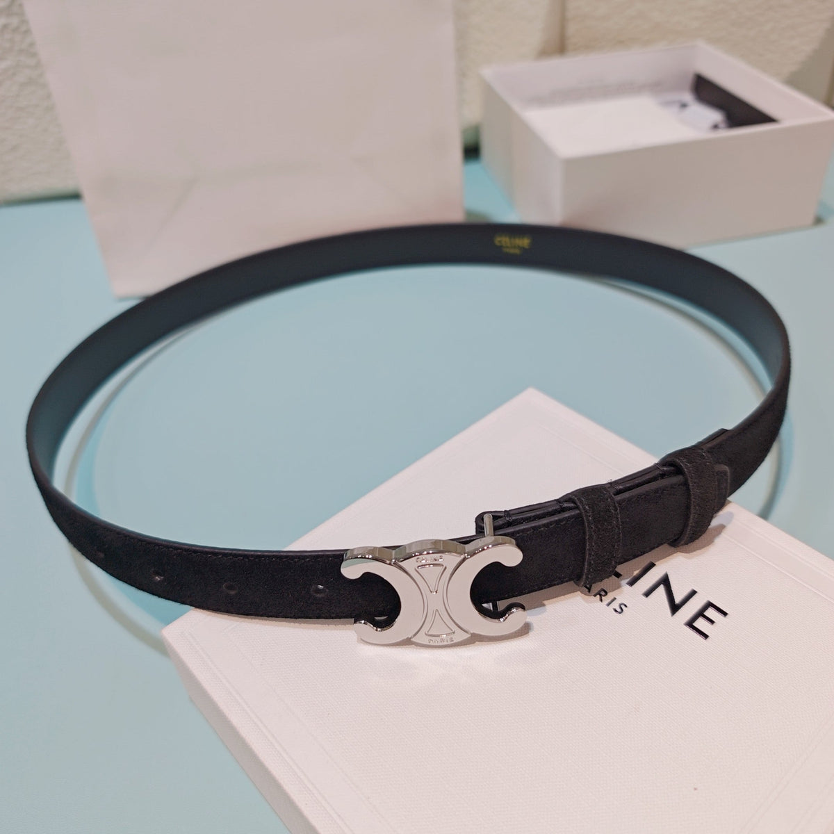 Celine 2026 Medium Triomphe Silver Belt 25mm Suede 194538