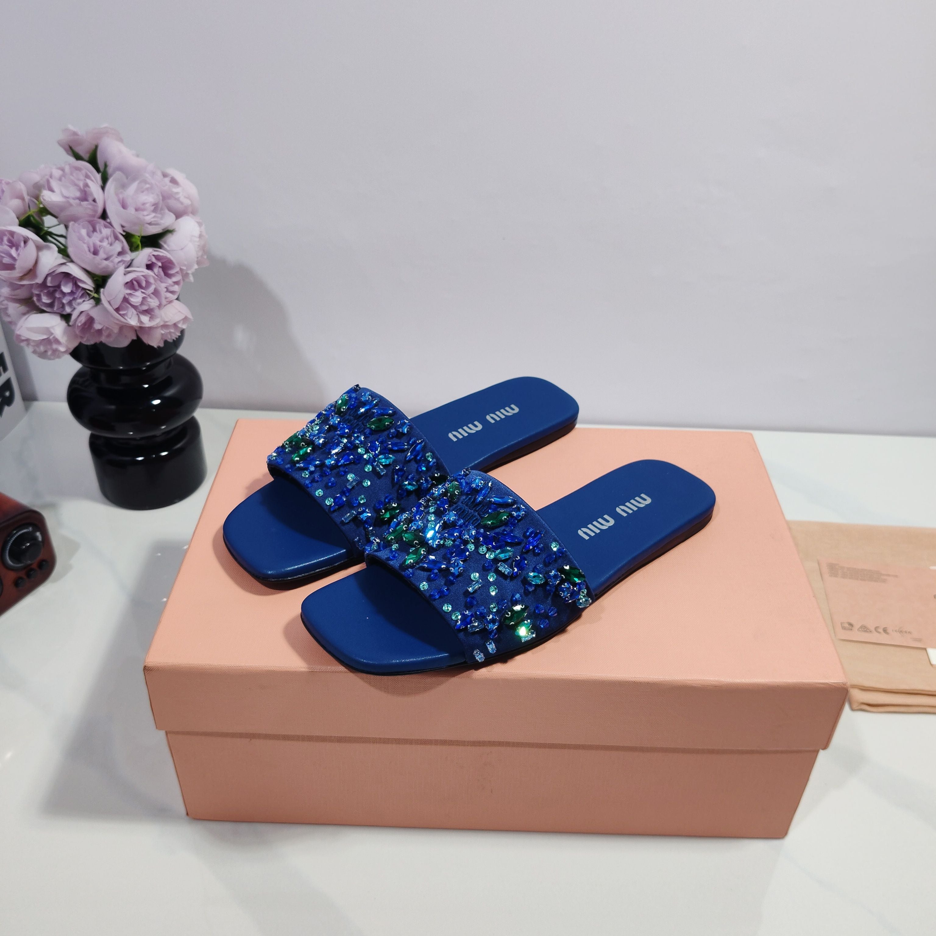 Miumiu 2026 Crystal Embellished Slide Sandals Satin 941769
