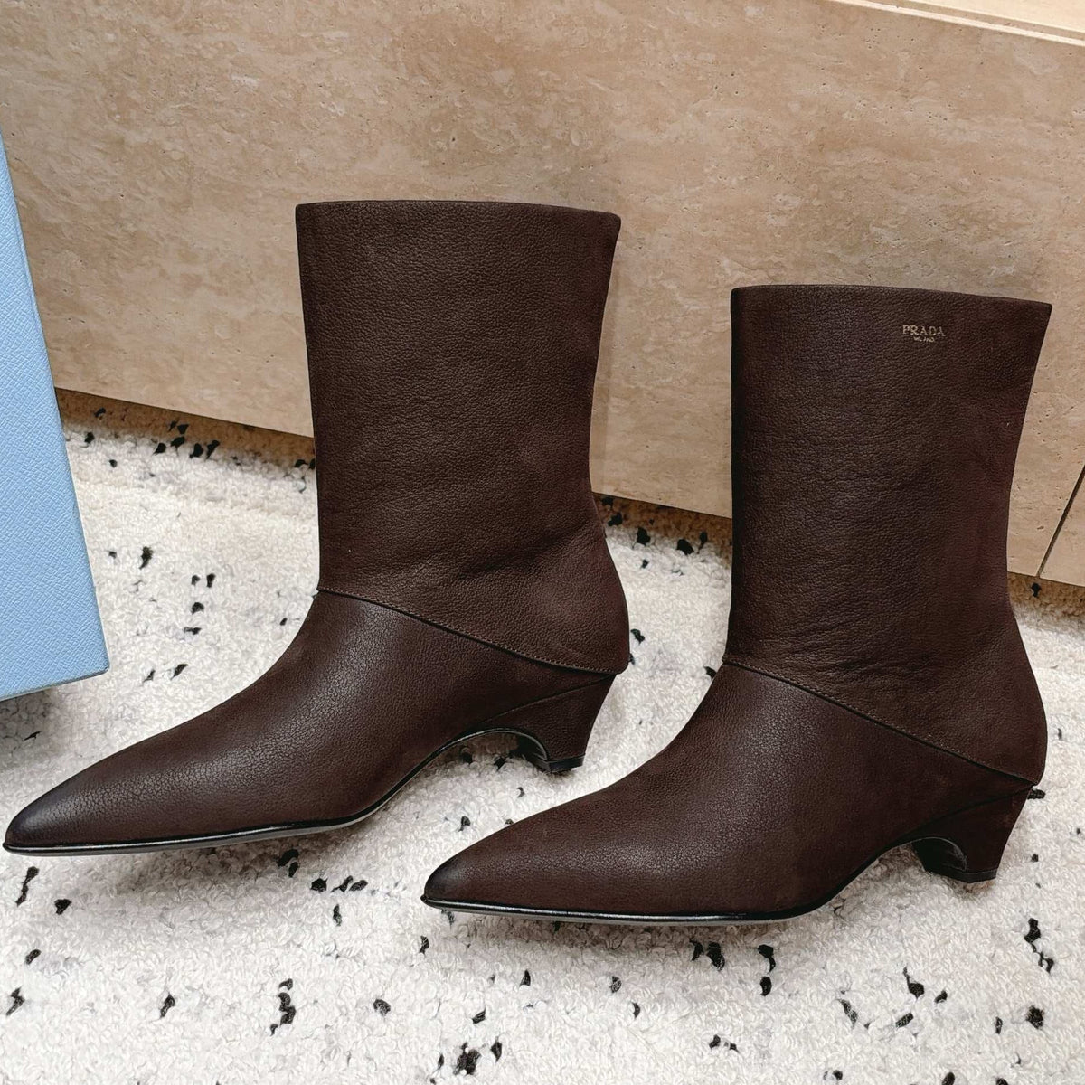Prada 2026 Kitten Heel Pointed Toe Boots Suede 180411