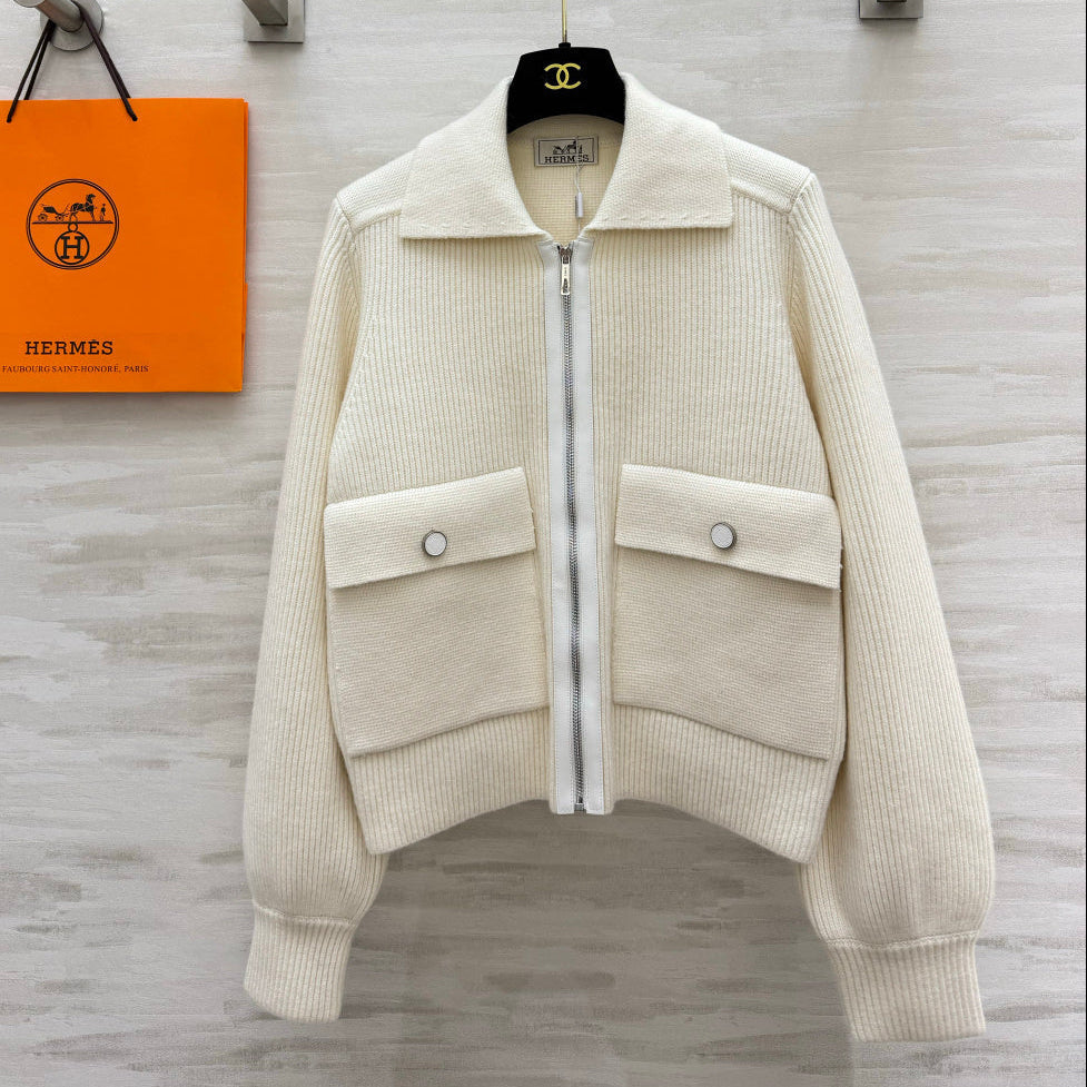 Hermes 2026 Collared Zip-Up Knit Jacket Wool 408378