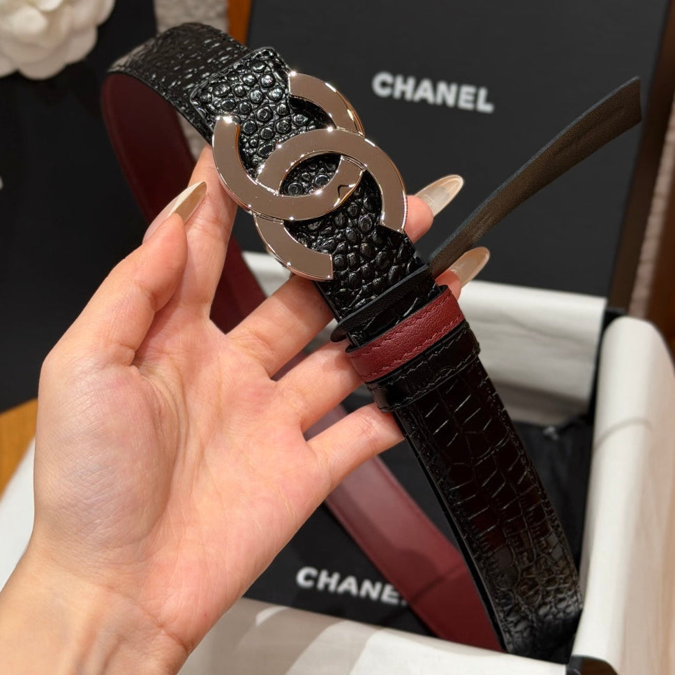 Chanel 2026 Crocodile Embossed Reversible Belt 30mm Calfskin