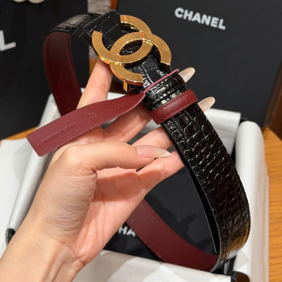 Chanel 2026 Crocodile Embossed Reversible Belt 30mm Calfskin