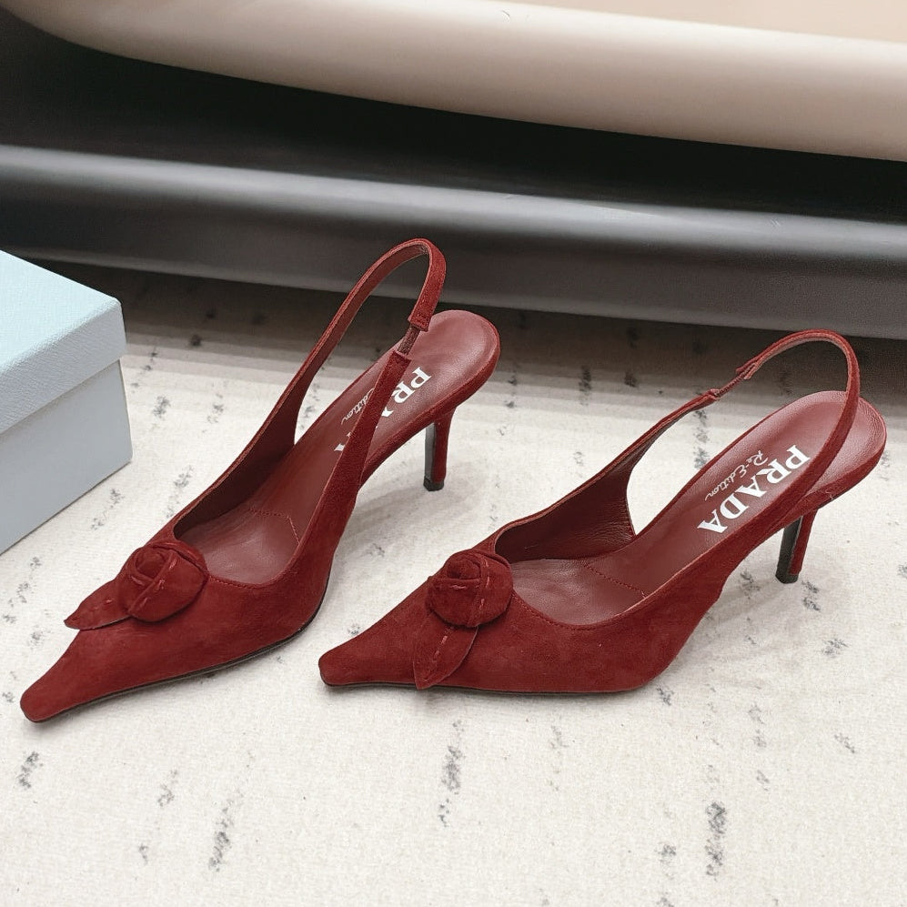 Prada 2026 Rosette Pointed-Toe Shoe 80mm Suede Leather 176075