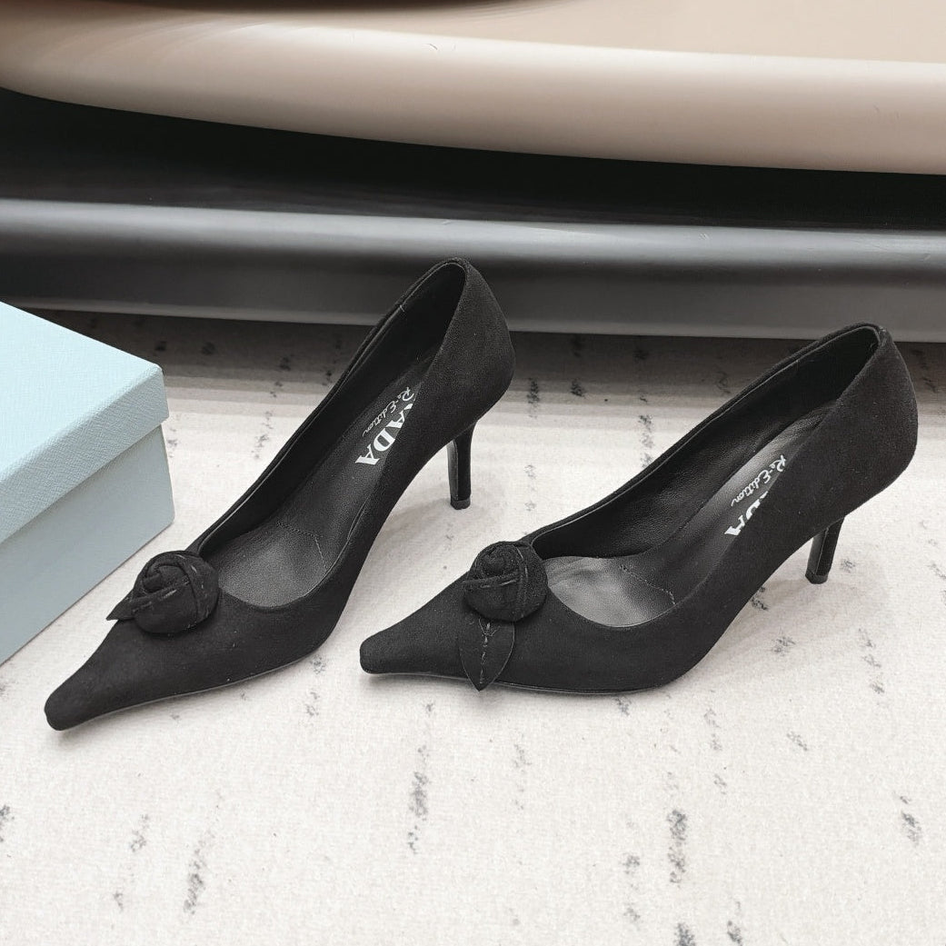 Prada 2026 Rosette Pointed-Toe Shoe 80mm Suede Leather 176075