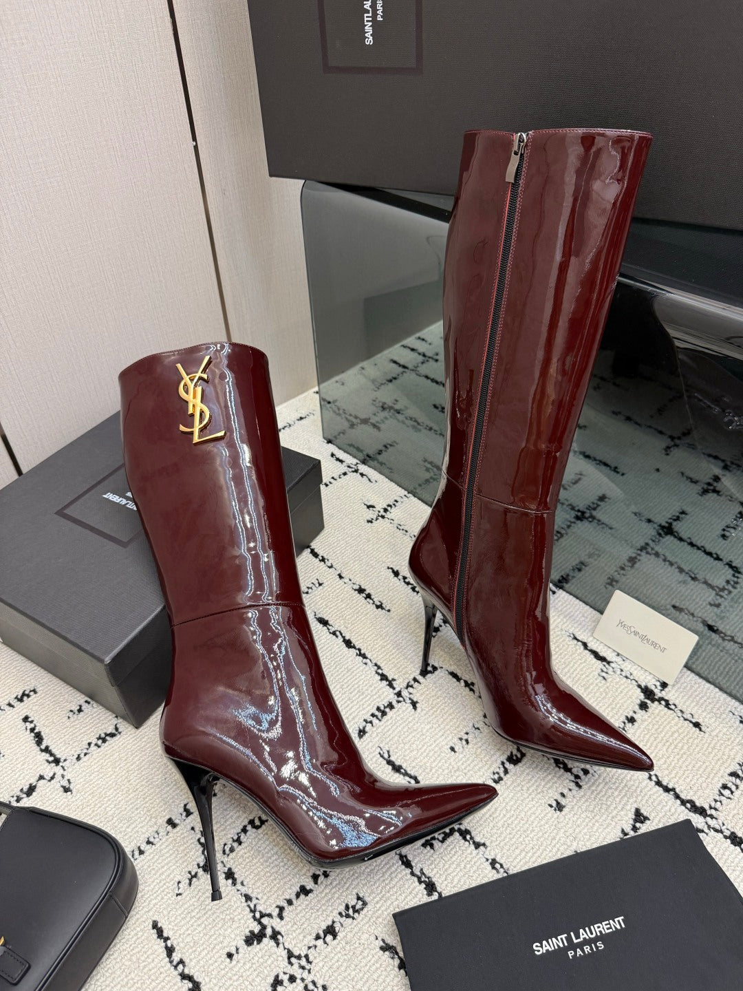 YSL 2026 Cassandre Knee-High Boots 90mm Patent Leather 203343