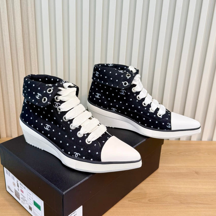 Chanel 2026 Polka Dot Wedge High-Top Sneakers Cloth 191218