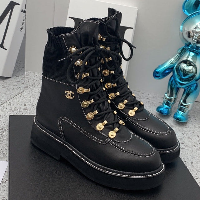 Chanel 2026 Knit Lace Up Combat Boots Black Calfskin 162215