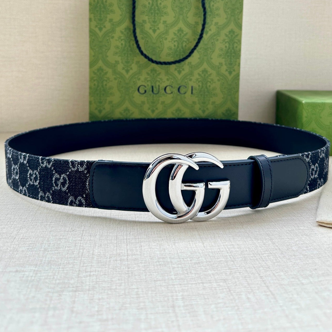 Gucci 2026 GG Marmont Belt 38mm Denim Leather