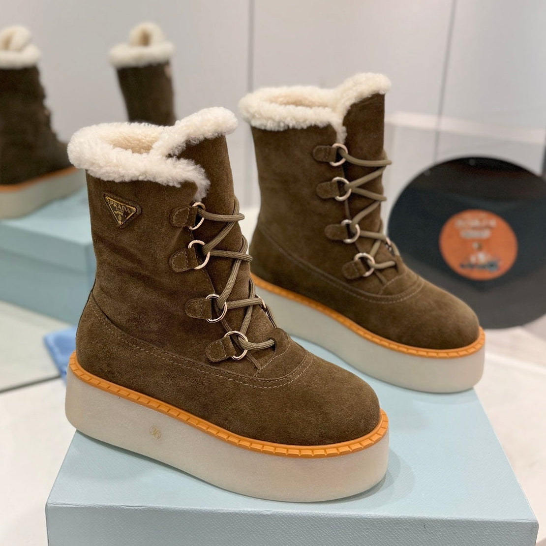 Prada 2026 Platform Snow Boots Suede Wool 166143