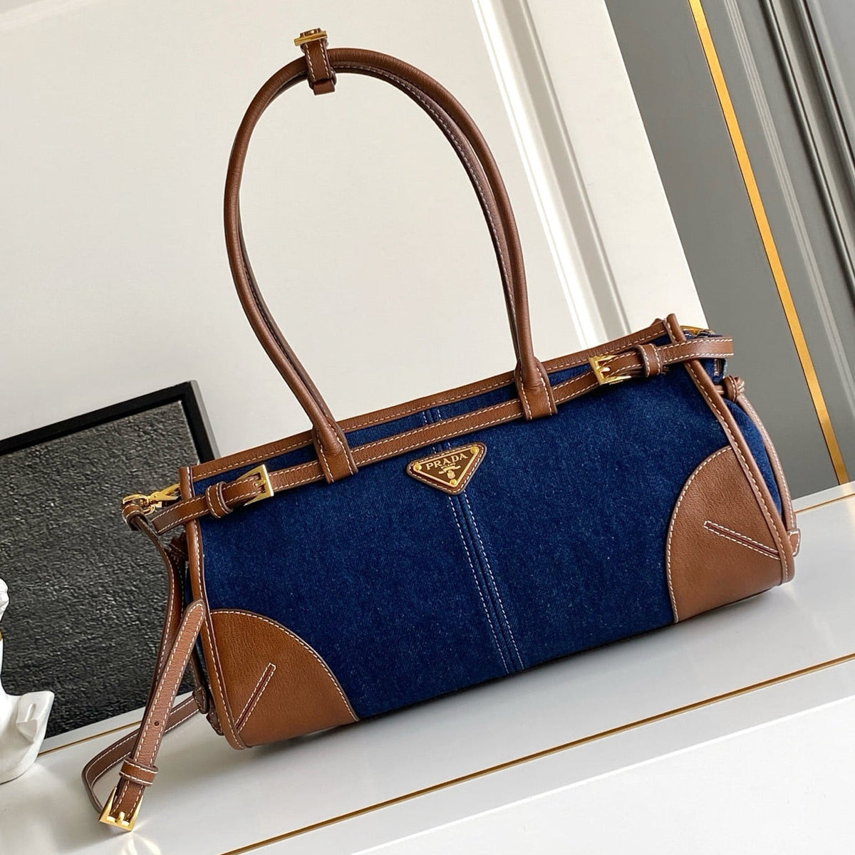 Prada 2026 Bonnie Small Denim Handbag 32cm Denim Leather