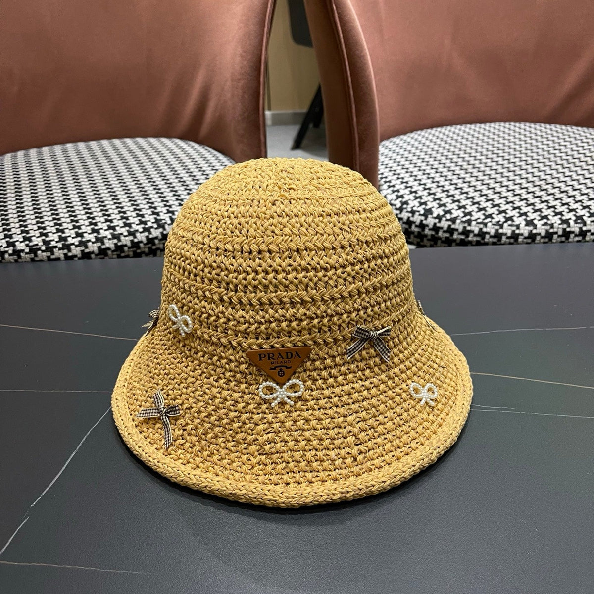 Prada Raffia Bow Knot Fisherman Hat 512516