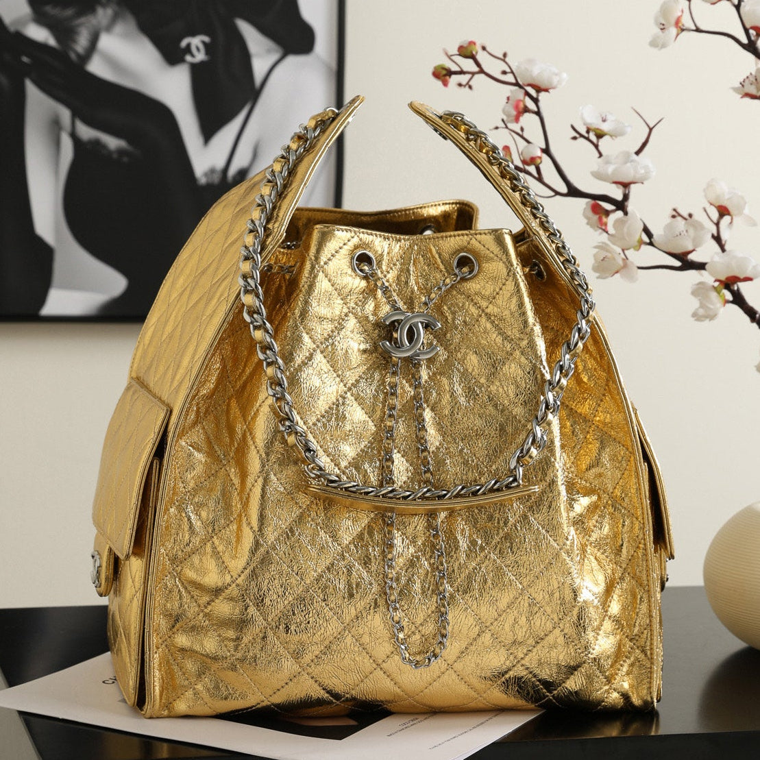 Chanel 2026 Hobo Bag 40cm Silver and Gold Mettalic Leather