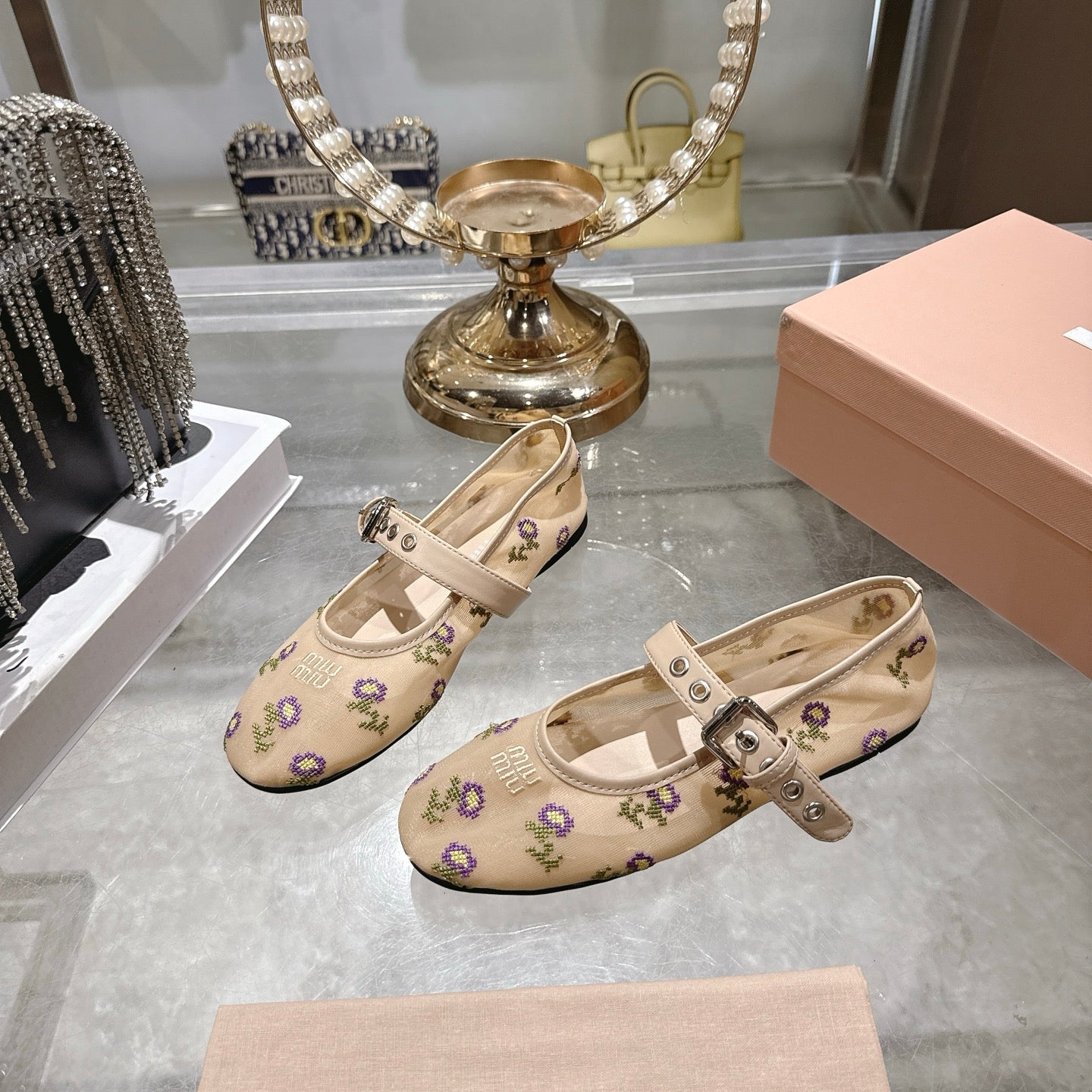 Miumiu 2026 Embroidered Ballet Flats Mesh 951512