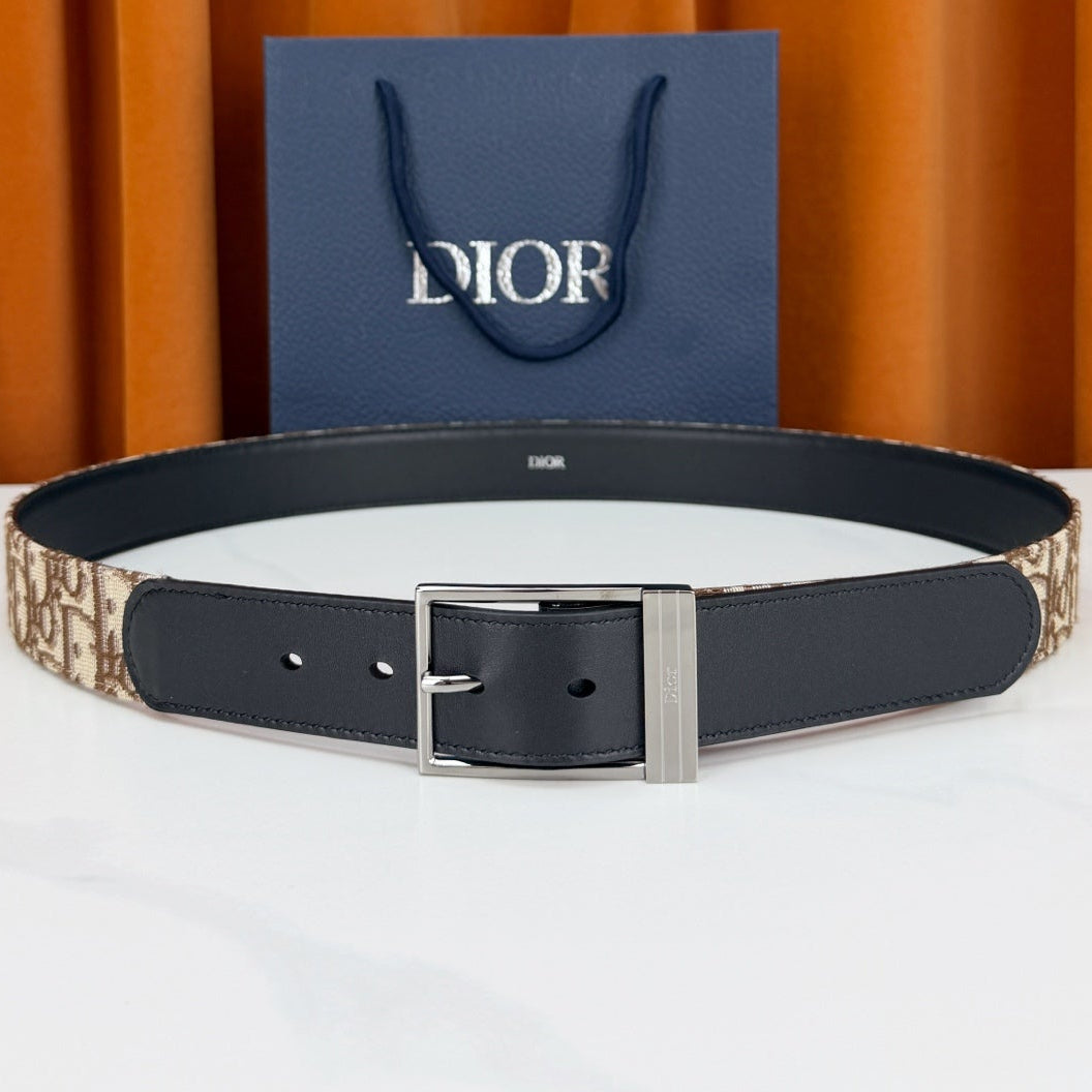 Dior 2026 Oblique Jacquard Reversible Strap Belt 35mm Canvas Leather