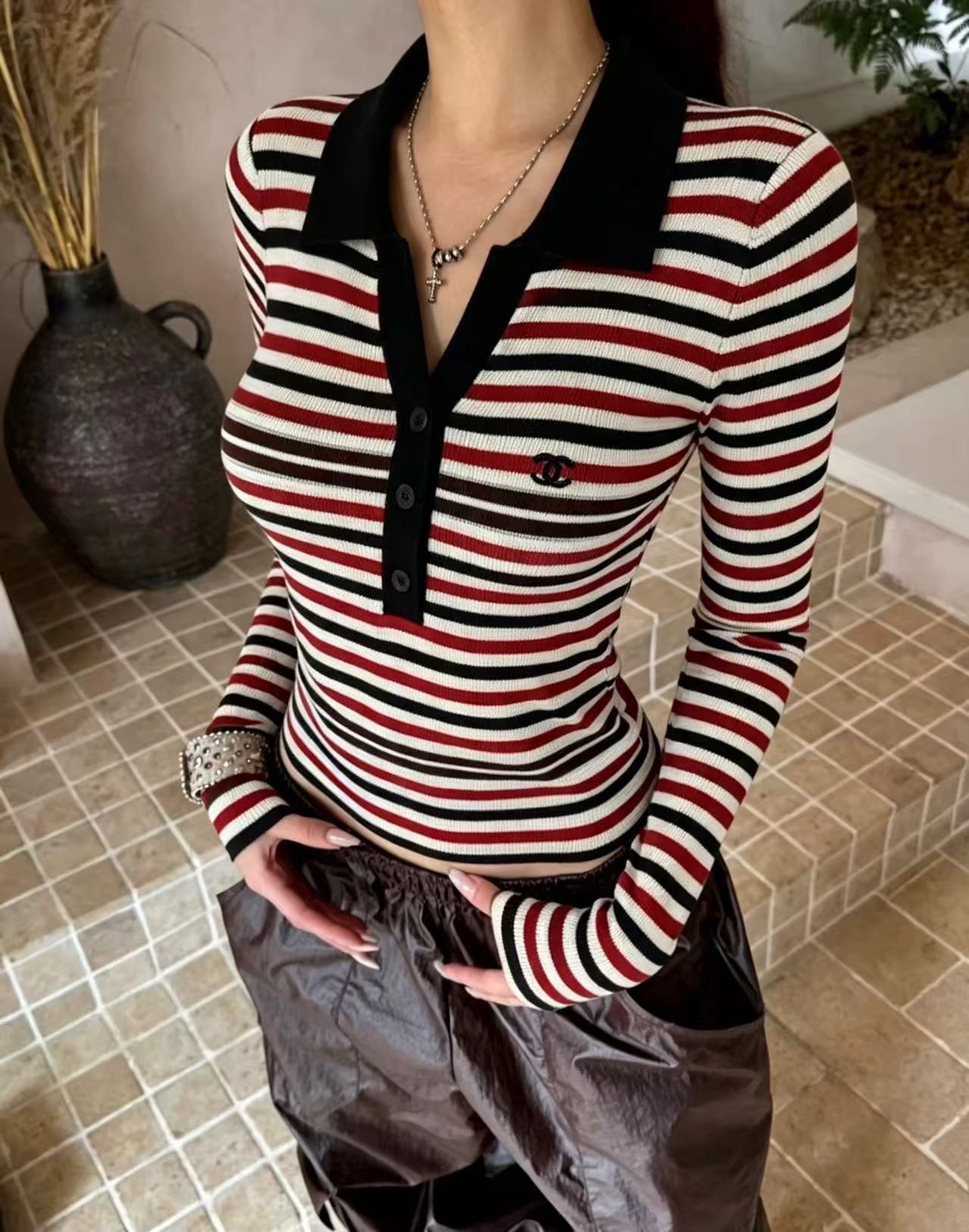 Chanel 2026 Striped Long-Sleeve Top Red Mix Colors Cotton 417672
