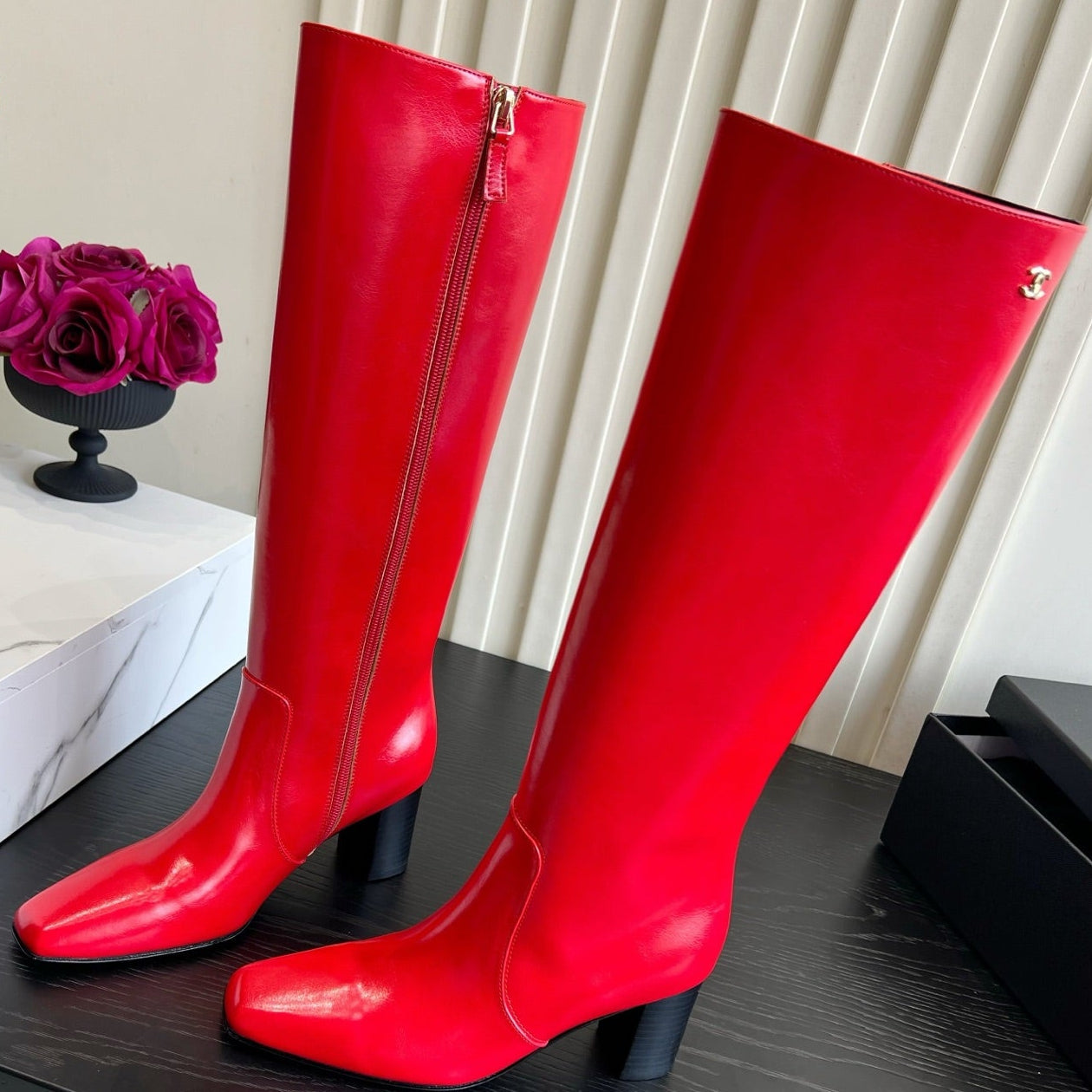Chanel 2026 Square Toe Chunky Heel High Boots 50mm Cowhide 977240