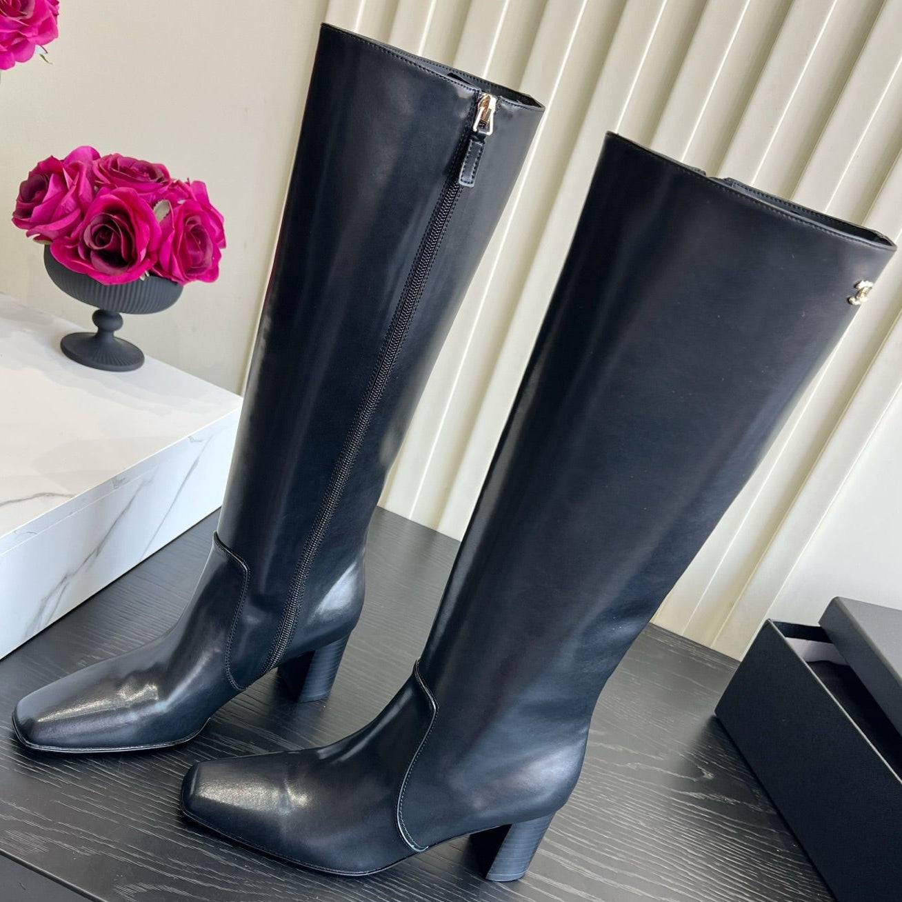 Chanel 2026 Square Toe Chunky Heel High Boots 50mm Cowhide 977240