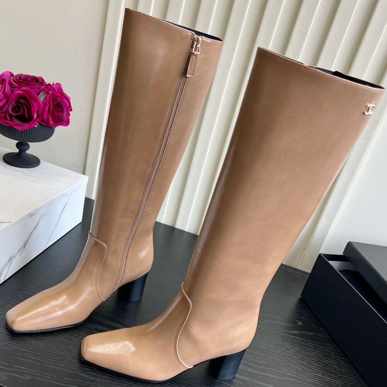 Chanel 2026 Square Toe Chunky Heel High Boots 50mm Cowhide 977240