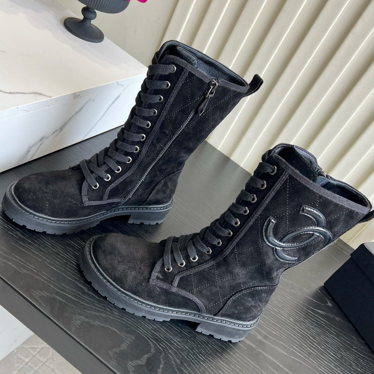 Chanel 2026 Quilted Logo Lace Up Tall Combat Boots Suede Cowhide 977208