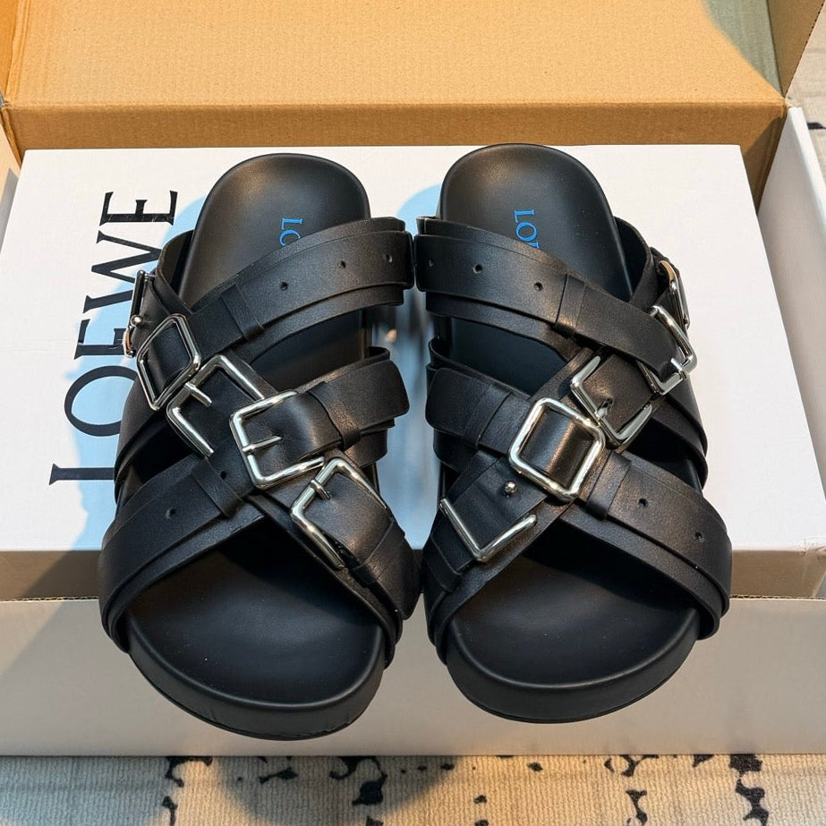 Loewe 2026 Cross-Strap Buckle Flat Sandals Suede Leather 116226