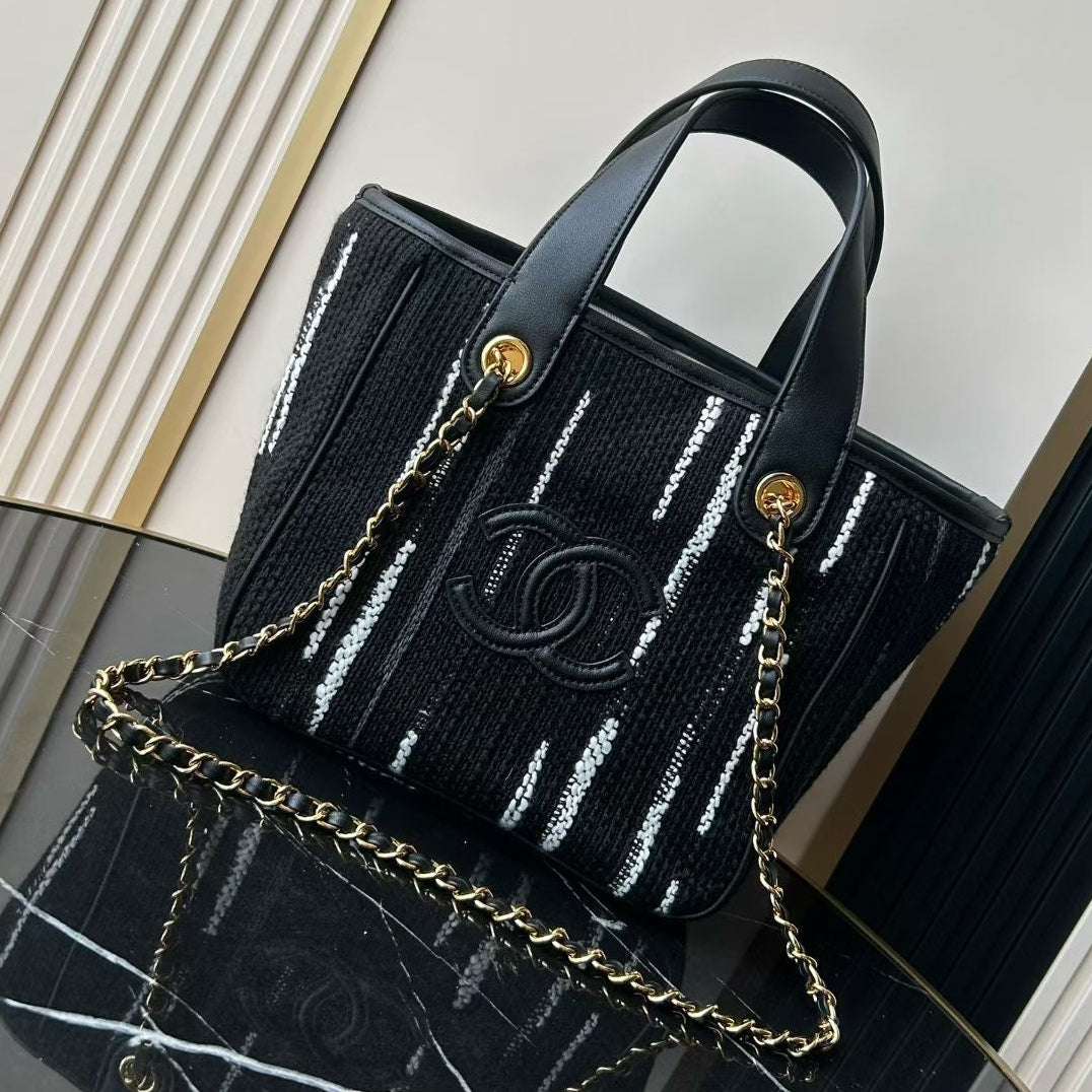 Chanel 2026 Double C Tote Bag 36cm Black White Canvas Leather