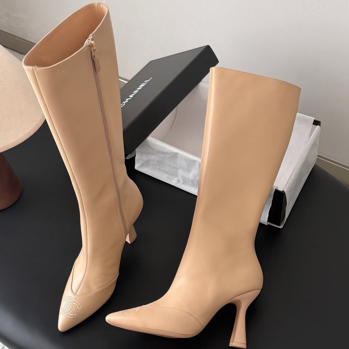 Chanel 2026 Pointed Toe Knee-High Boots 80mm Mesh Suede Leather 127974