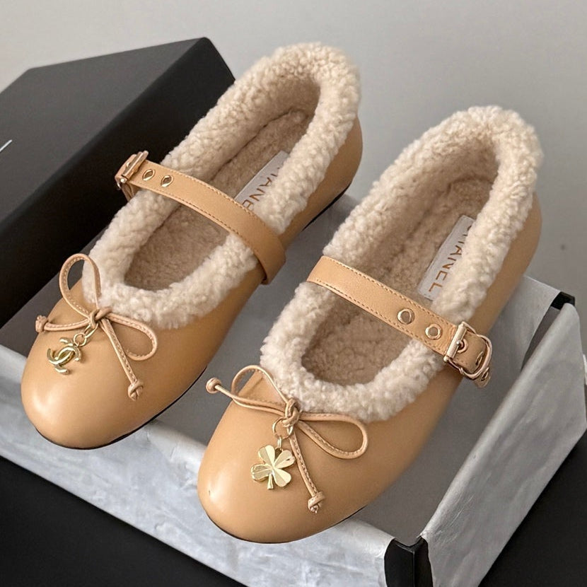 Chanel 2026 Bow Ballet Flats Wool Suede Leather 128295