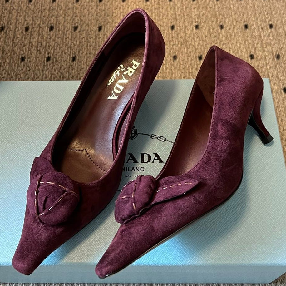 Prada 2026 Bow Pointed Toe Pumps Suede 151280