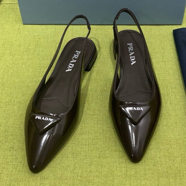 Prada 2026 Spazzolato Triangle Logo Slingback Flat Patent Leather 148638