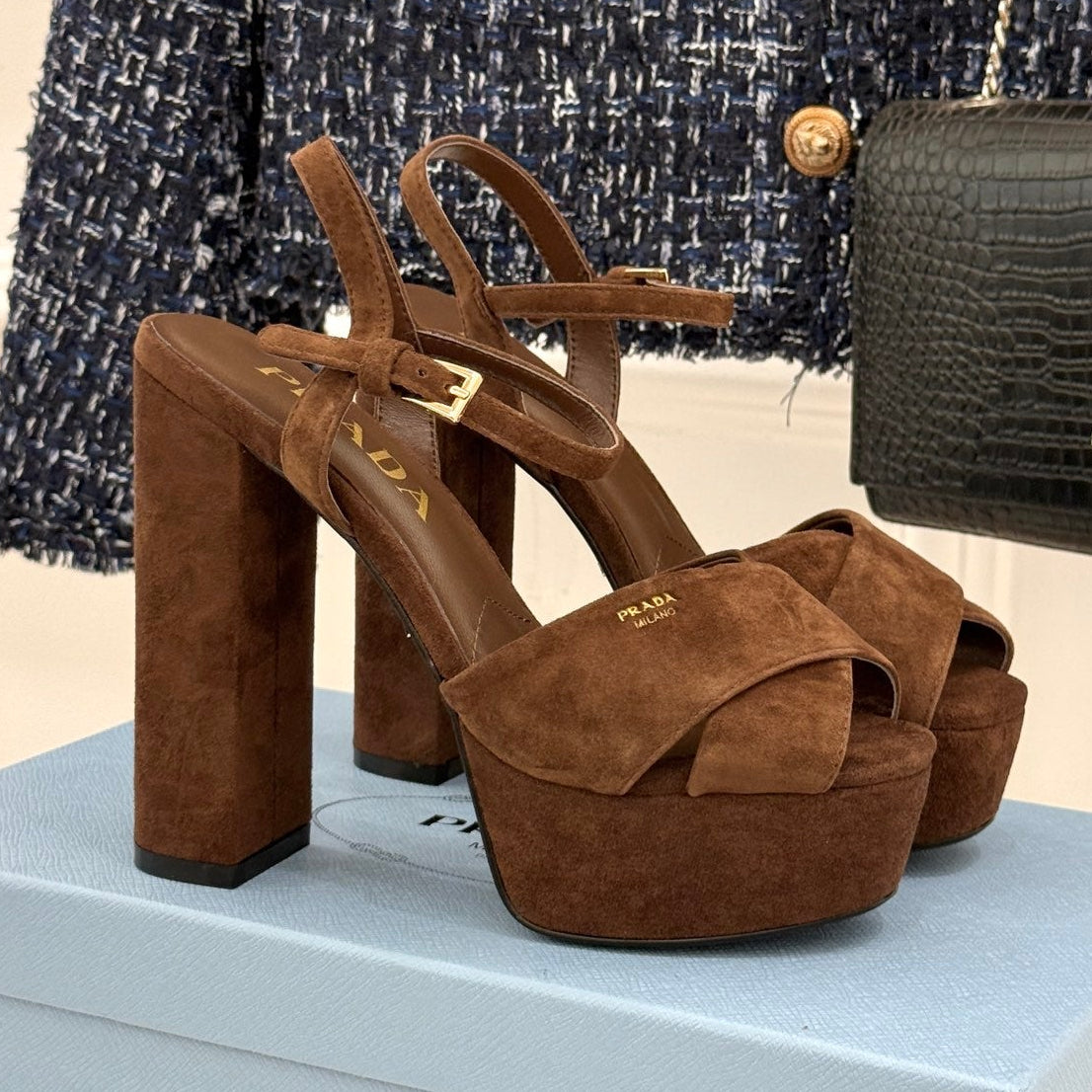 Prada 2026 Crisscross Platform Sandals 13cm Suede Leather 174856