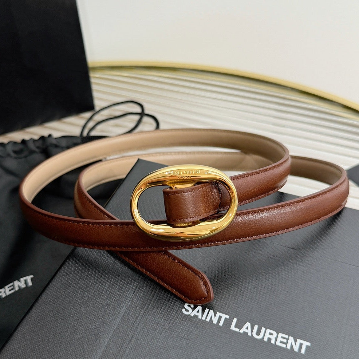 Saint Laurent 2026 Oval Belt 15mm Brown Leather 219066