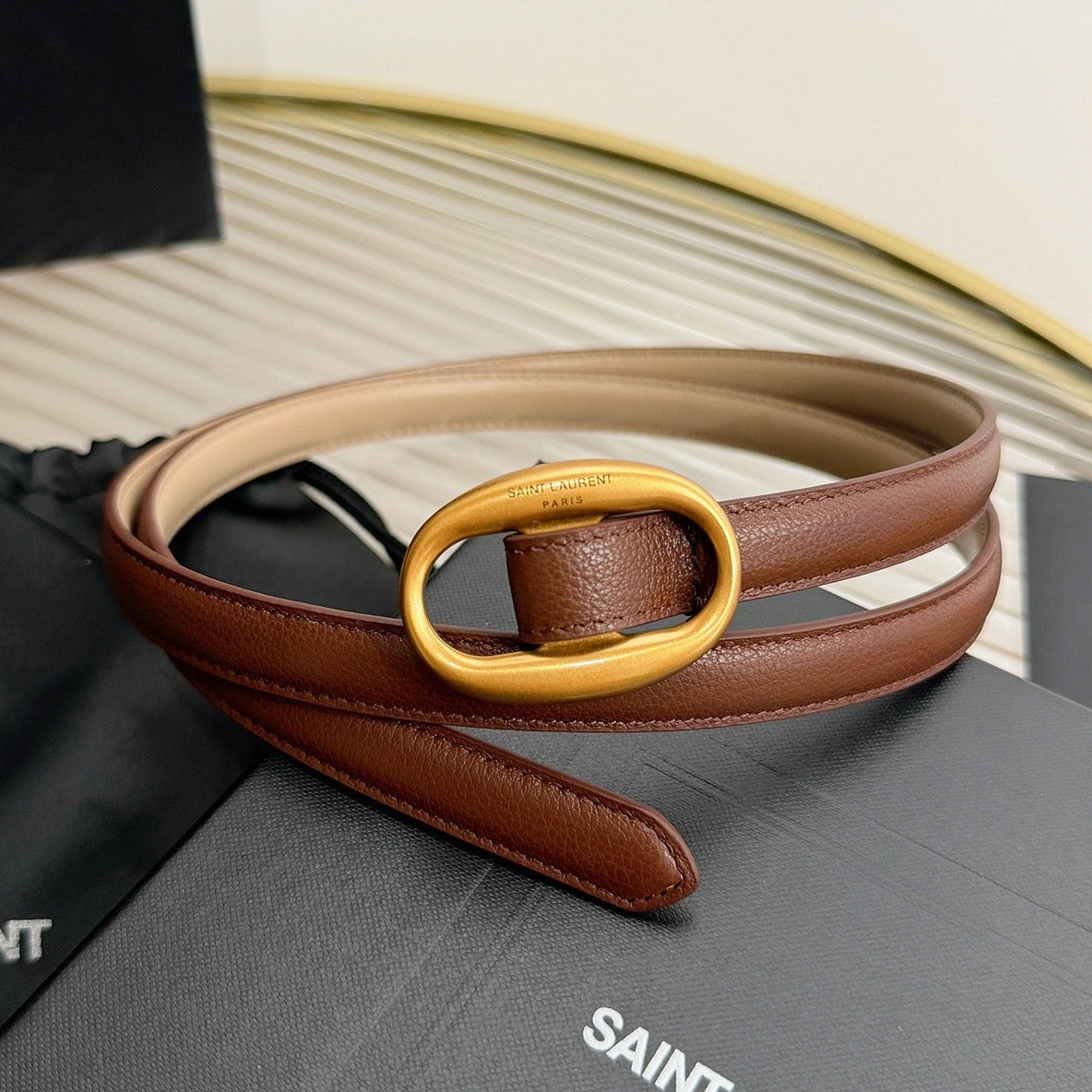 Saint Laurent 2026 Oval Belt 15mm Brown Leather 219066