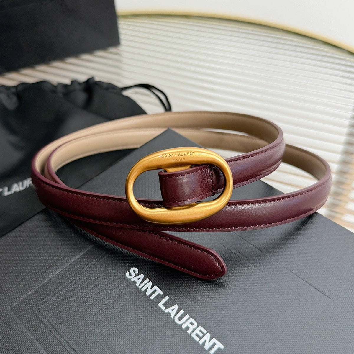 Saint Laurent 2026 Oval Belt 15mm Burgundy Leather 219084