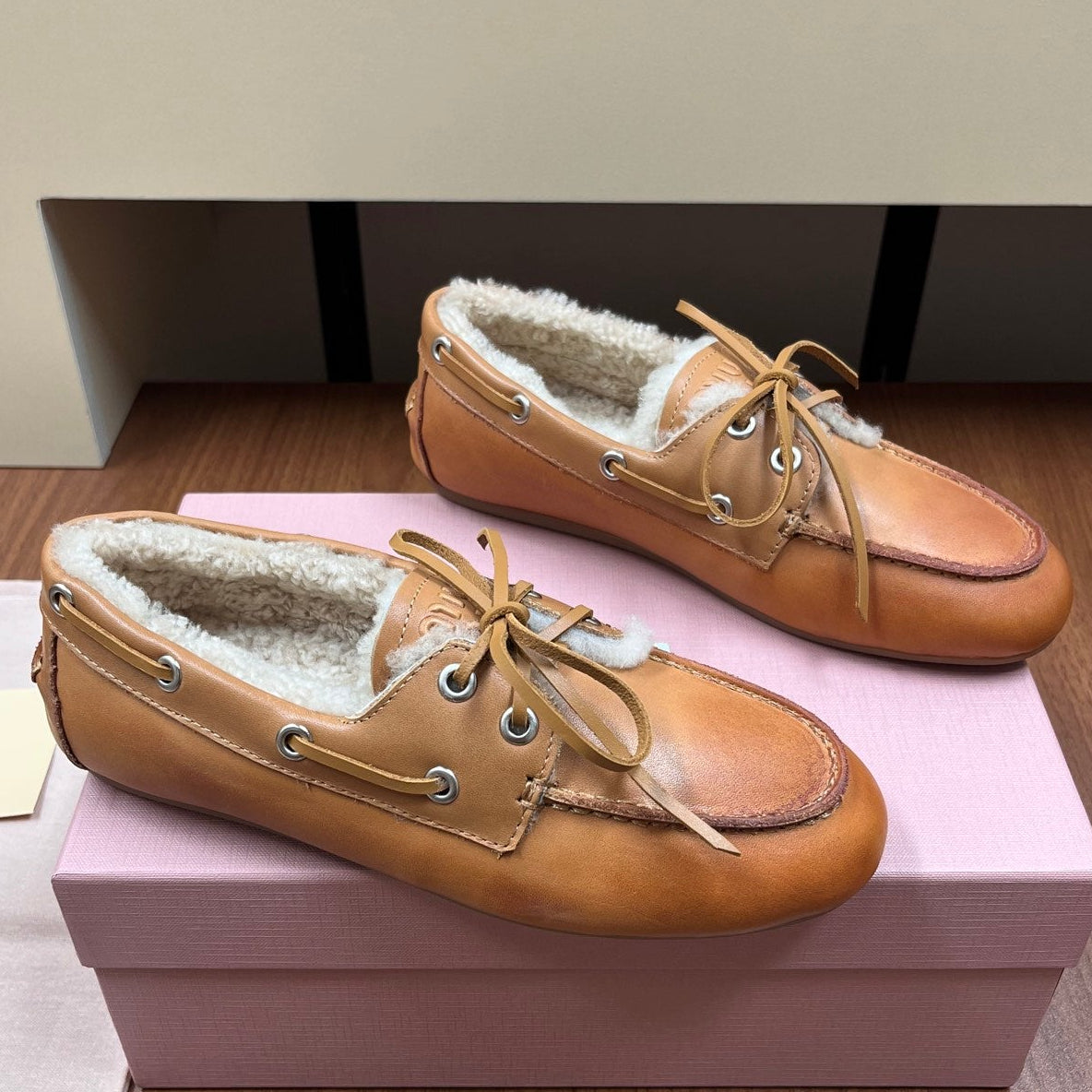 Miu Miu 2026 Boat Loafers Leather Suede Wool 157103